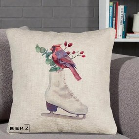 Perna Decorativa Cardinal Rosu pe Patina de Gheata, 40x40 cm, Bej Canapea, Husa Detasabila, Perna Inclusa, BEKZ®