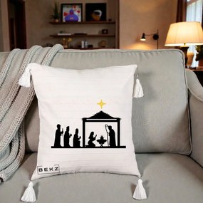 Perna Decorativa Nasterea Pruncului Silueta Neagra si Stea Aurie, 40x40 cm, Bej cu Franjuri, Husa Detasabila, Perna Inclusa, BEKZ®