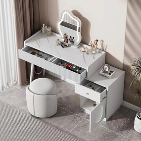 Set Masa toaleta alba, 100 cm cosmetica machiaj, oglinda cu LED, masuta vanity cu Riflaj - SEA490