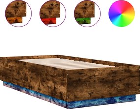 vidaXL Cadru de pat cu LED, stejar fumuriu, 90x190 cm, lemn prelucrat