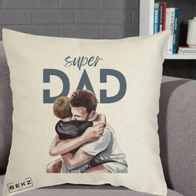 Cadou pentru Tata - Perna Personalizata Super Dad Tata si Fiu Imbratisare, 40x40 cm, Ecru, Husa Detasabila, Perna Inclusa, BEKZ®