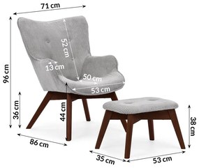 Fotoliu cu taburet gri cu tapițerie din catifea reiată Niko – Ropez