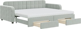 vidaXL Pat de zi cu extensie și sertare, gri deschis 90x200 cm catifea