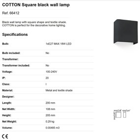 Aplica de perete ambientala design modern COTTON Square neagra