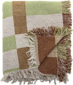 Pătură decorativă din bumbac reciclat, cu model în carouri natur, verde și maro, cu franjuri lungi, „Galvin", 160 x 130 cm