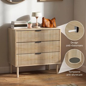 HOMCOM Comodă cu 3 Sertare, Picioare din Lemn Masiv și Design Canelat, 80x40x77,5 cm, Lemn Natural | Aosom Romania