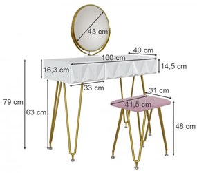 SEA366 - Set Masa toaleta, 100 cm, cosmetica machiaj, oglinda, masuta vanity - Alb-Auriu