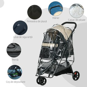 PawHut Cărucior pentru Câini cu 3 Roți, Cărucior Pliant cu Husă de Ploaie, Coș și Curea, 80,5x51,5x100 cm, Kaki | Aosom Romania