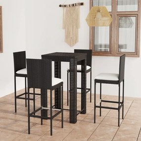 Set mobilier bar exterior cu perne, 5 piese, negru, poliratan Negru, Lungime masa 60.5 cm, 5, Da