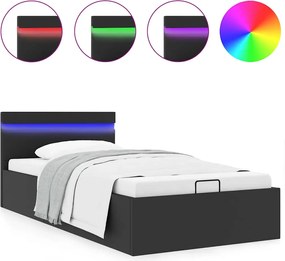 vidaXL Cadru pat hidraulic cu ladă LED negru 90x200 cm piele ecologică