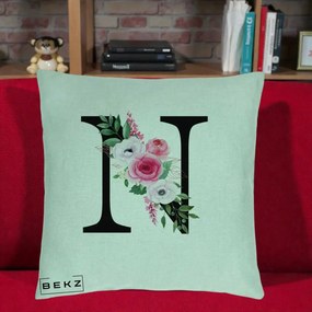 Cadou Personalizat - Perna Personalizata Monograma Florala Litera N, 40x40 cm, Verde Menta, Husa Detasabila, Perna Inclusa, BEKZ®