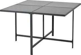 Set de grădină 7 piese pentru 6 persoane, masă din sticlă securizată, 4 scaune împletite și 2 taburete pentru picioare, Negru+Alb