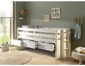 Pat pentru copii MARGRIT, 90 x 200 cm, alb cu tonuri naturale, cu 3 sertare pentru depozitare – Vipack