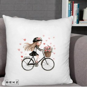 Perna Decorativa Fetita Kawaii pe Bicicleta cu Trandafiri si Inimioare, 40x40 cm, Alb Pufos, Husa Detasabila, Perna Inclusa, BEKZ®