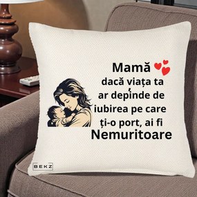 Cadou pentru Mama - Perna Personalizata Mama Nemuritoare Aproape de Bebe, 40x40 cm, Crem Reliefat, Husa Detasabila, Perna Inclusa, BEKZ®