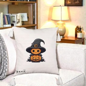 Perna Decorativa Halloween Dovleac Vrajitor Kawaii, 40x40 cm, Bej cu Franjuri, Husa Detasabila, Perna Inclusa, BEKZ®