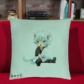 Perna Personalizata Gintama Gintoki Chibi Pisica, 40x40 cm, Verde Menta, Husa Detasabila, Perna Inclusa, BEKZ®