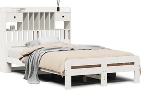 vidaXL Pat cu bibliotecă fără saltea, alb, 135x190 cm, lemn masiv pin
