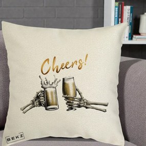 Perna Decorativa Halloween Cheers Schelete cu Bere, 40x40 cm, Ecru, Husa Detasabila, Perna Inclusa, BEKZ®
