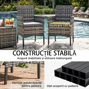 Outsunny Set de 2 Scaune de Grădină din Ratan, Scaune de Exterior cu Perne, Cotiere și Spătar Înalt, Cadru din Oțel pentru Verandă, Balcon, Lângă Piscină și Grădină, Gri | Aosom Romania