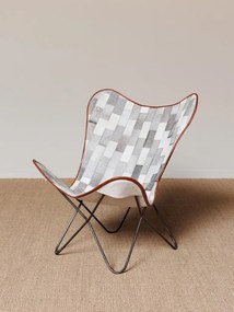 Fotoliu patchwork gri din piele de vacă cu structură din metal, „Aubrac Butterfly”