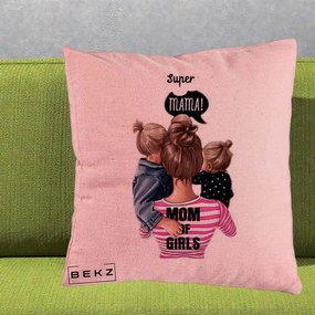 Cadou pentru Mama - Perna Personalizata Super Mama Mom of Girls, 40x40 cm, Roz, Husa Detasabila, Perna Inclusa, BEKZ®