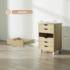 HOMCOM Comodă pentru Birou cu 6 Sertare, 4 Roți și Blocare, 40x35x63 cm, Stejar | Aosom Romania