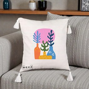 Perna Decorativa Vaze Botanice Abstract, 40x40 cm, Bej cu Franjuri, Husa Detasabila, Perna Inclusa, BEKZ®