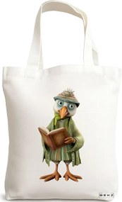Sacosa de Panza pentru Cumparaturi, Geanta Tote, model Reading Birdie 3 38 x 34.5 cm, Alba, BEKZ®