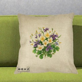 Perna Decorativa Viorele Iris Violet si Trifoi, 40x40 cm, Crem, Husa Detasabila, Perna Inclusa, BEKZ®