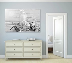 Tablou crenguță de cireș cu felinare în design alb-negru