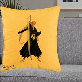 Perna Personalizata Bleach Ichigo Kurosaki Zangetsu, 40x40 cm, Galben, Husa Detasabila, Perna Inclusa, BEKZ®