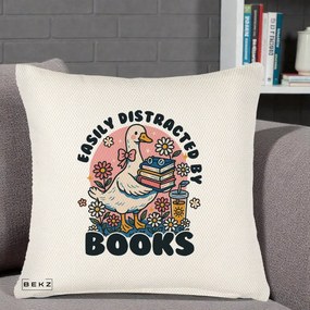 Perna Personalizata Easily Distracted by Books, 40x40 cm, Crem Reliefat, Husa Detasabila, Perna Inclusa, BEKZ®