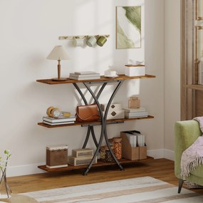 HOMCOM Masă Consolă Masă pentru Canapea cu 2 Polițe Deschise și Cadru Metalic în X Stil Industrial Maro Rustic | Aosom Romania