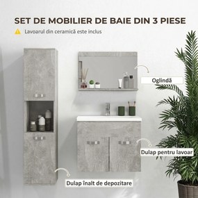 Set de Mobilier de Baie din 3 Piese, Montare pe Perete, cu Dulap cu Oglinda, Dulap de Depozitare Inalt, Gri Kleankin | Aosom Romania