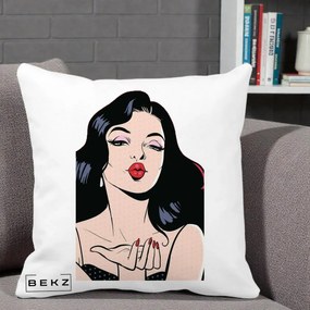 Perna Decorativa Femeie Pop-Art Kiss, 40x40 cm, Alba Mata, Husa Detasabila, Perna Inclusa, BEKZ®