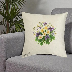 Perna Decorativa Viorele Iris Violet si Trifoi, 40x40 cm, Ecru, Husa Detasabila, Perna Inclusa, BEKZ®