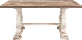 Masă dining shabby chic dreptunghiulară din lemn, natur, 8 locuri, cu bază ajurată, finisaj alb antichizat, 82 x 180 x 90 cm, „Madeleine”