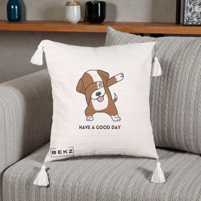 Perna Decorativa Caine Dab Have A Good Day, 40x40 cm, Bej cu Franjuri, Husa Detasabila, Perna Inclusa, BEKZ®