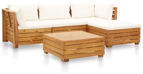 Set mobilier gradina cu perne, 5 piese, alb crem, lemn acacia Crem, 2x colt + mijloc + suport pentru picioare + masa, 1
