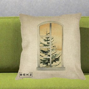 Perna Decorativa Fereastra cu Brad de Iarna, 40x40 cm, Crem, Husa Detasabila, Perna Inclusa, BEKZ®