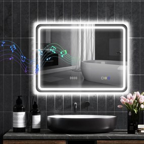 HOMCOM Oglindă de Baie LED cu Bluetooth, Iluminare Reglabilă și Funcție de Memorare, din Sticlă Securizată, 80 x 2.9 x 60 cm | Aosom Romania