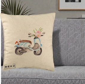 Perna Decorativa Scuter Albastru cu Flori Acuarela, 40x40 cm, Bej, Husa Detasabila, Perna Inclusa, BEKZ®