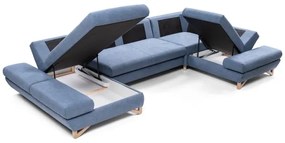 Colțar extensibil tapițat cu spațiu de depozitare în U AVESTA, albastru