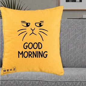 Perna Decorativa Pisica Morocanoasa Good Morning, 40x40 cm, Galben, Husa Detasabila, Perna Inclusa, BEKZ®