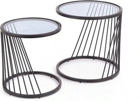 Set 2 masute cafea ANTILLA, transparent/negru, sticla/otel