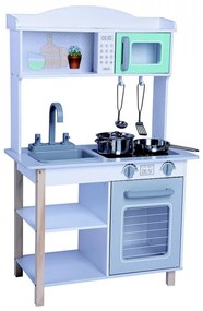 Bucatarie pentru copii din lemn masiv NOVOKIDS™ Millie Kitchen, Cu ustensile din inox incluse, Usa cu deschidere, Plita si cuptor cu microunde,