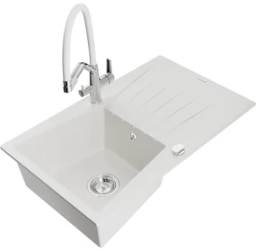 Mexen Cesar chiuvetă de granit cu un compartiment, cu picurător și baterie de bucătărie Duo, Albă - 6514-20-671701-02