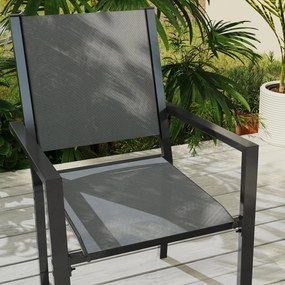 Outsunny Set Masă de Grădină cu Scaune, 7 Piese, Set de Prânz cu Masă cu Blat din Lemn Compozit cu Șipci și 6 Scaune de Exterior Stivuibile, Mobilier din Oțel cu Texteline, Gri și Negru | Aosom Romania