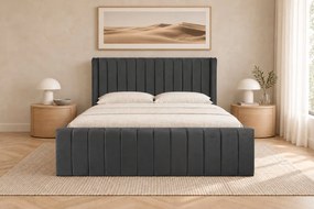 Pat tapițat din catifea Aurelia Simple 120×200 cm, gri închis, cu ladă de depozitare